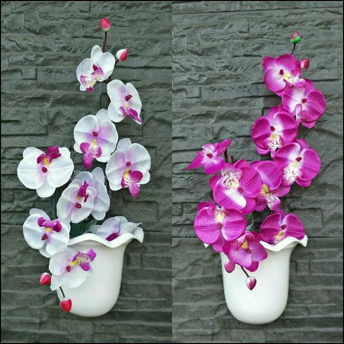 SET BUNGA PLASTIK ANGGREK DENGAN POT DINDING PLASTIK - UNGU