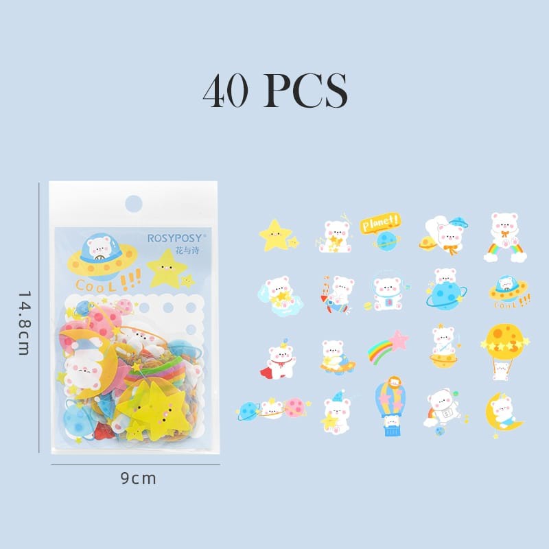 STICKER PVC 40 PCS KOREAN BEAR & FRIENDS ANTI AIR BUJO AESTHETIC SCRAPBOOK-BLUE