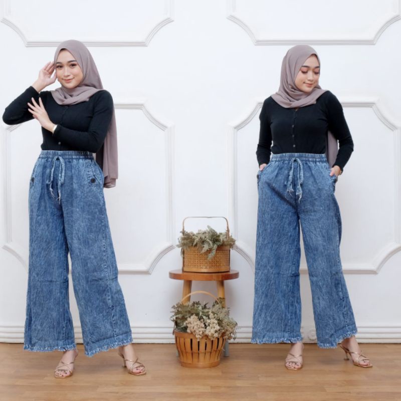 Jeans kulot rawis - kulot jeans - kulot Jeans tali pinggang - allsize fit xl - pinggang karet