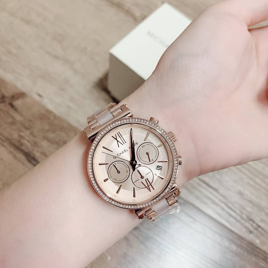 Jam Tangan Michael Kors MK6560 Sofie Chronograph Rose Gold Dial Dual Tone Stainless Steel Strap Original