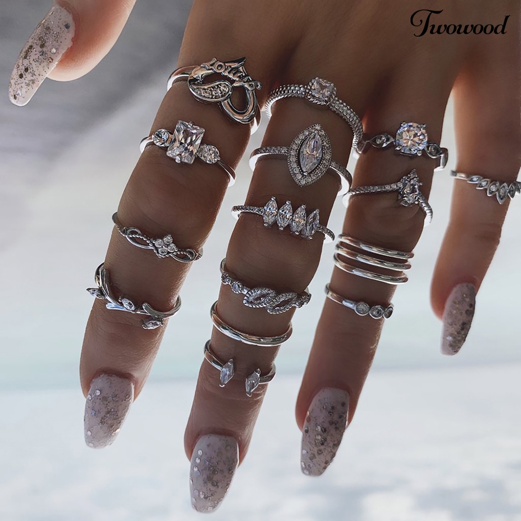 15pcs / Set Cincin Jari Stackable Aksen Berlian Imitasi Gaya Bohemian Untuk Wanita