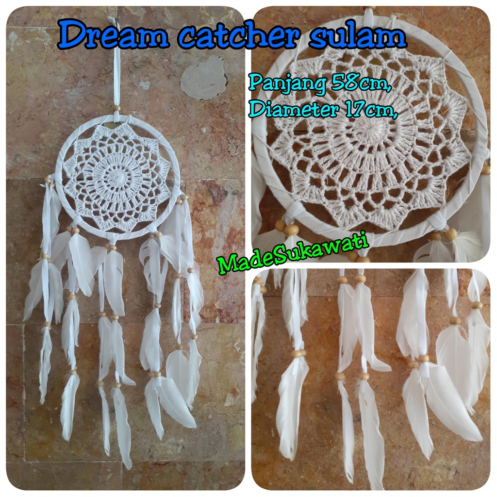 Dream catcher sulam diameter 17cm panjang 58cm dekorasi gantungan hiasan bulu ayam