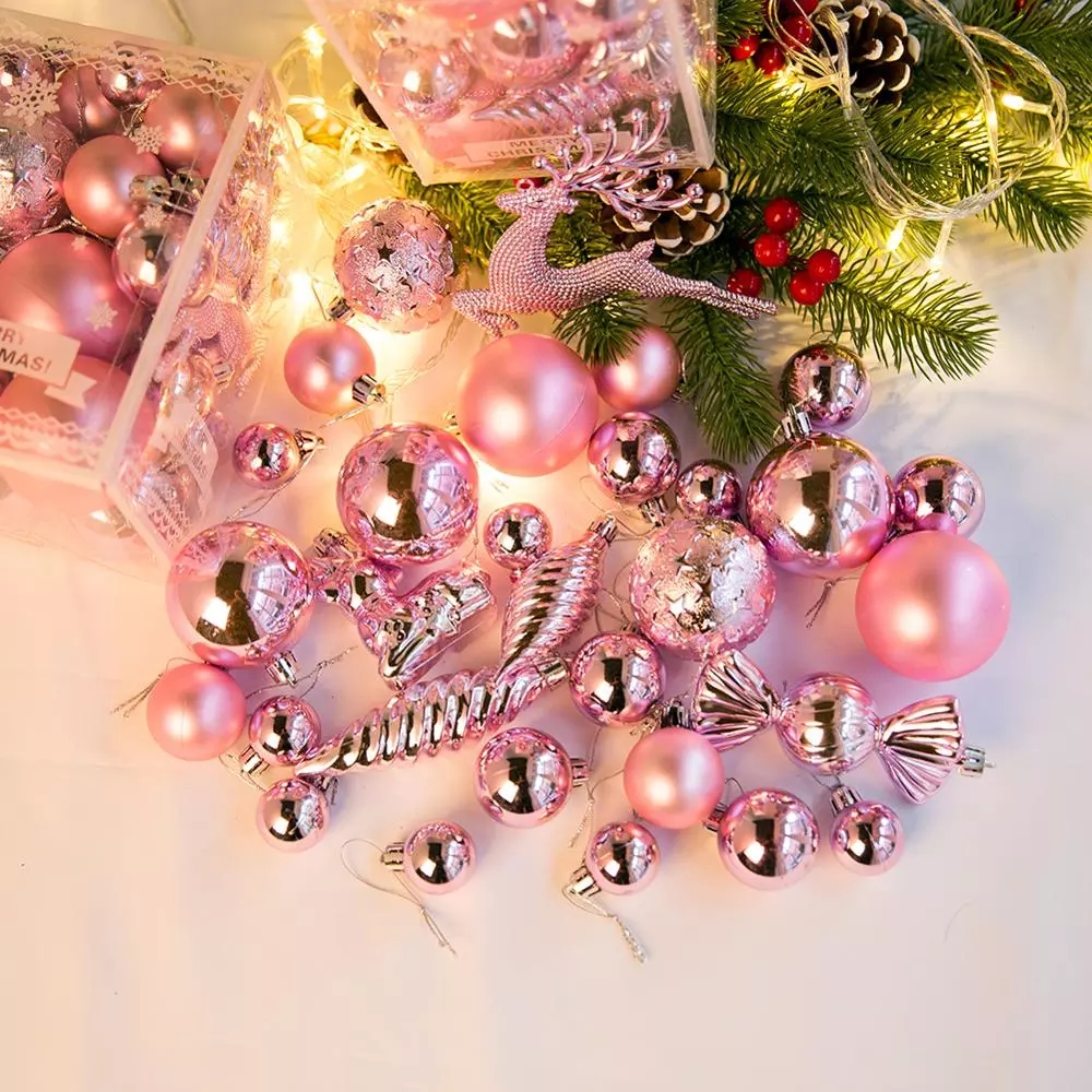 30/70Pcs Box Christmas Tree Hanging Glitter Ball Ornaments/Plastic 3D Shining Elk Snowflake Pendant/DIY Xmas Party Decor/Flash New Year Decoration