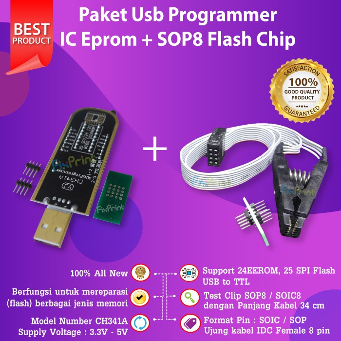 Programmer USB CH341A + Penjepit SOP8 Flash Chip New IC