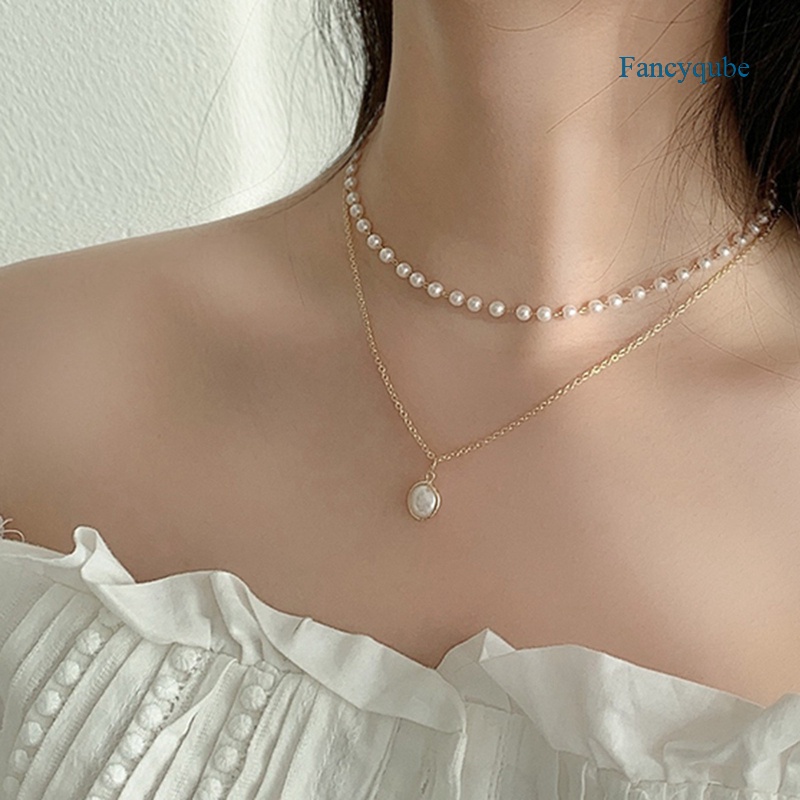 Kalung Choker Rantai Liontin Mutiara Lapisan Ganda Untuk Wanita
