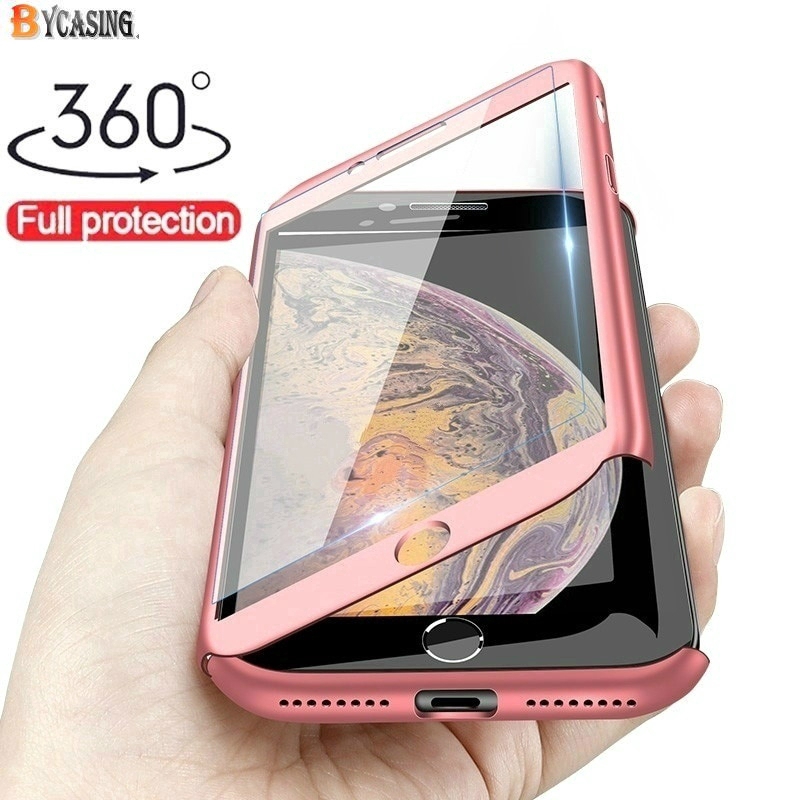 Hard Case PC + Tempered Glass Pelindung Layar Full 360 ° Untuk iPhone 5S SE 6 6S 7 8 Plus