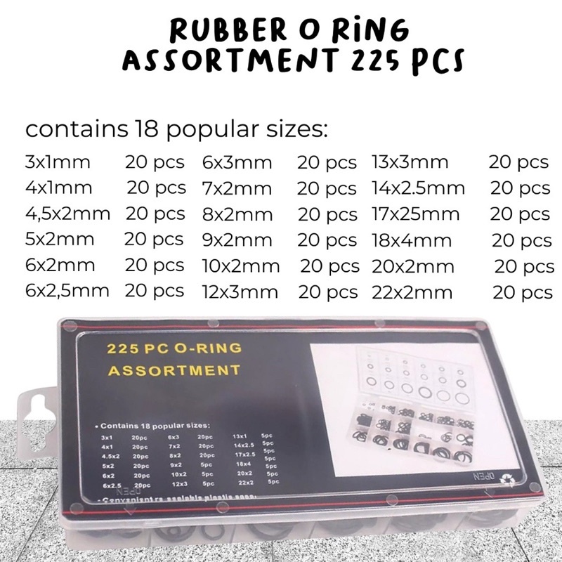 1 Box Isi 225 PCS Karet Rubber O Ring Seal Tightening / Oring Seal pencegah Kebocoran Angin / Sil Rd
