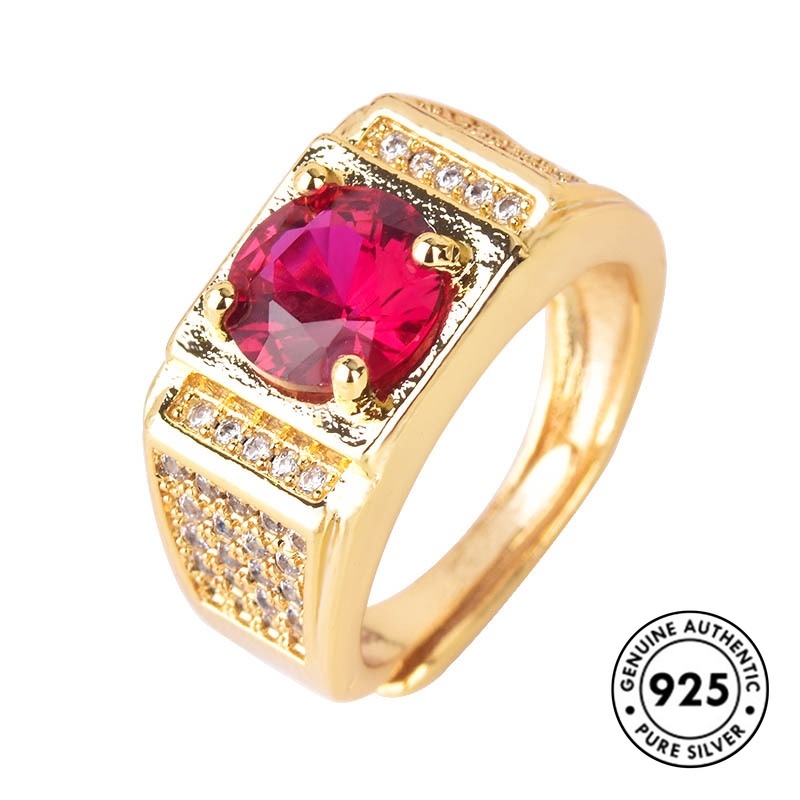 Cincin Lapis Emas Aksen Ruby Bahan S925 Silver Untuk Pria