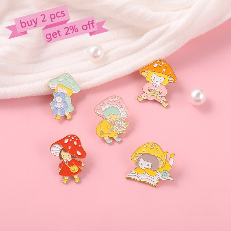 Mushroom Girl Enamel Pin Flower Book Bear Brooch Badges Clothes Lapel Pin Cap Bag Creative Fun Jewelry Gift For Child