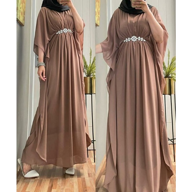 Hana Kaftan, KAFTAN WANITA MUSLIM CANTIK FIT XXL LD 120 BAHAN CERUTTY WITH FURING MIX MUTIARA ZIPPER BUSUI OOTD MODIS TERMURAH