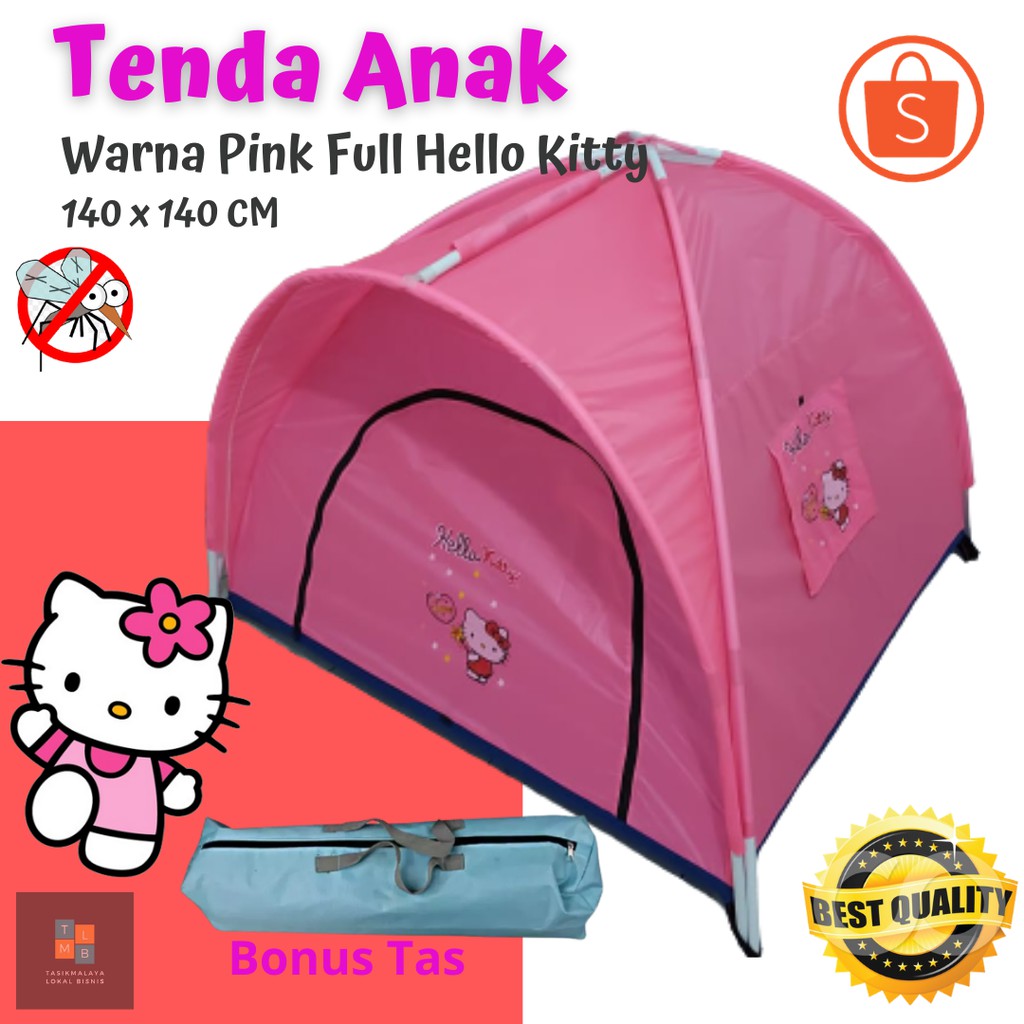 Tenda Anak Perempuan Ukuran 140 x 140 cm Warna Pink Full Hello Kitty - Tenda Camping Parasut