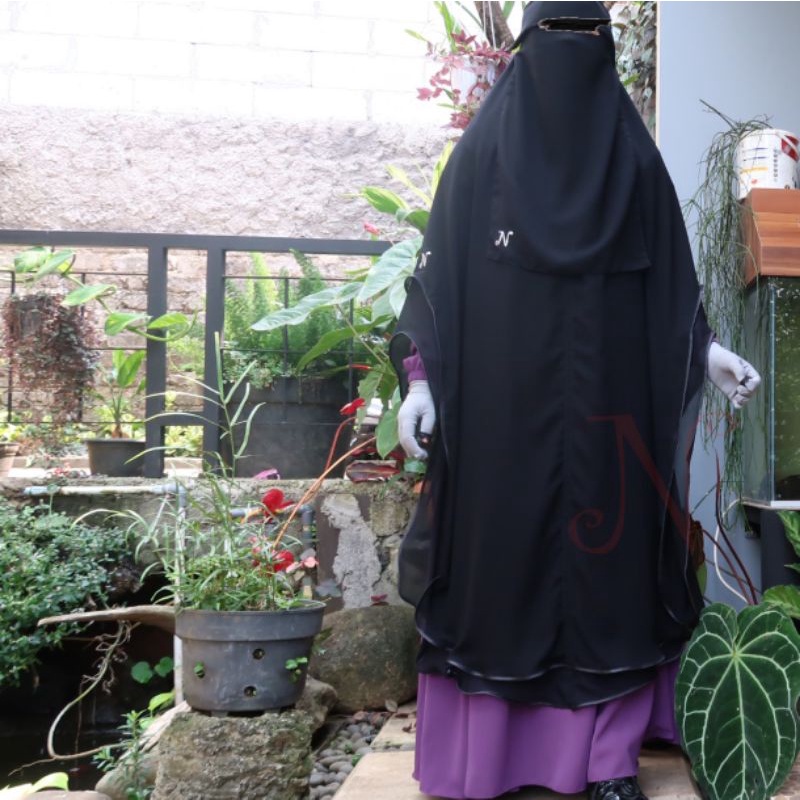Jilbab muslimah khimar floor fatimah sifon silky jetblack termurah 2 layer list bisban free cadar