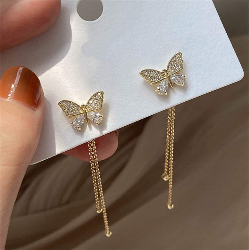 BUTTERFLY Anting Giwang Panjang Model Kupu-Kupu Dengan Rumbai Bahan Sterling Silver 925 Gaya Korea Untuk Wanita