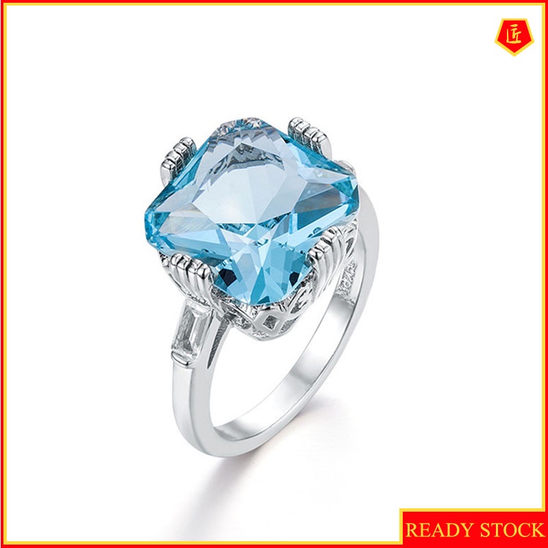 [Ready Stock]Inlaid Light Blue Topaz Square Diamond Ring Simple and Stylish