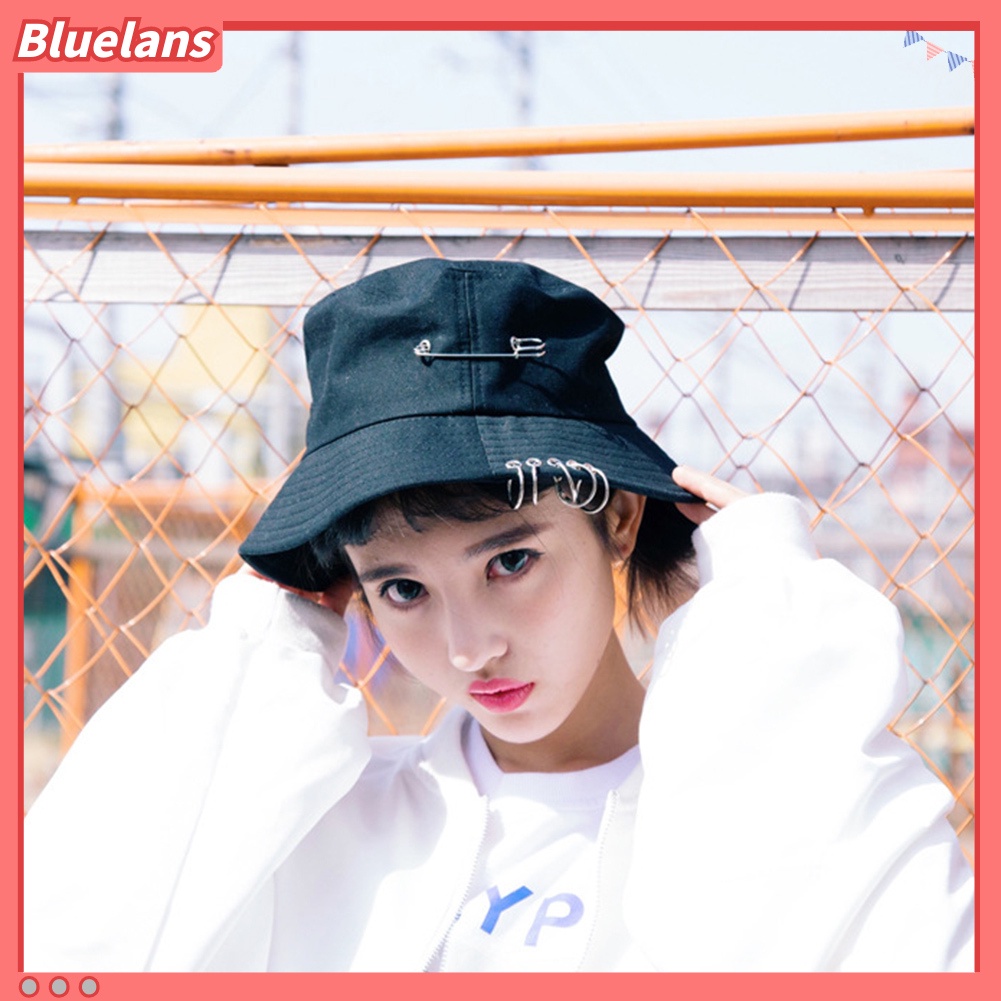 bluelans♘ Topi Bucket Fisherman Lipat Aksen Peniti+Cincin Besi untuk Outdoor