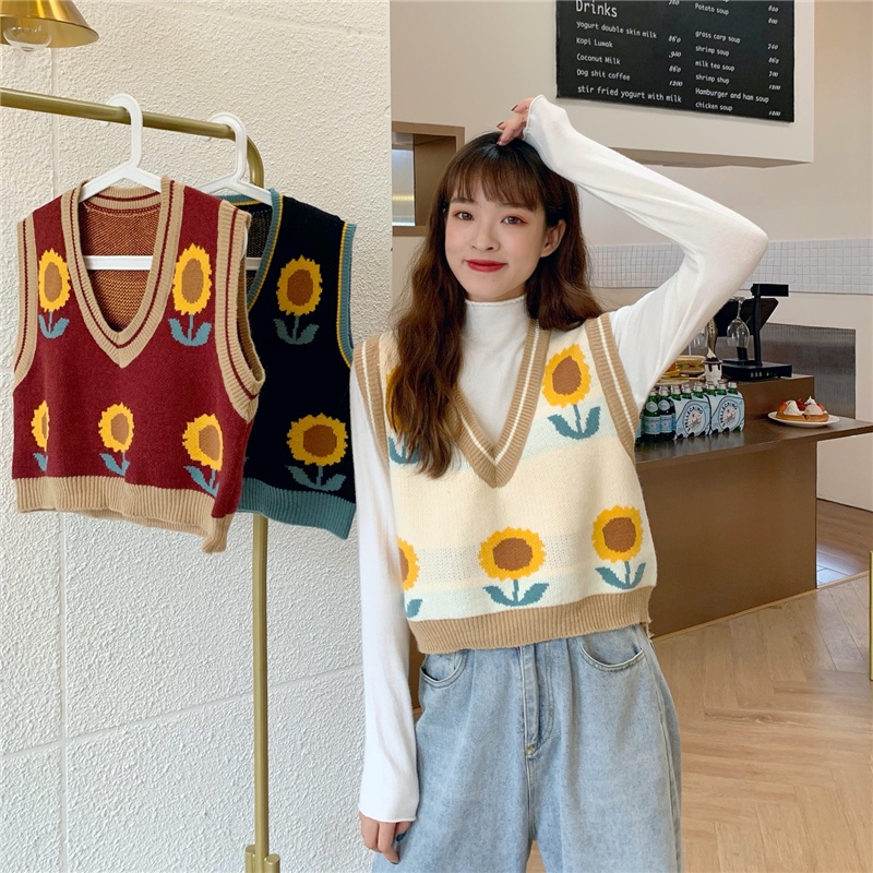 [Diskon Terbesar]Korea Tanpa lengan longgar v-neck Rompi kisi sweater rajutan rompi outer Rompi rajut