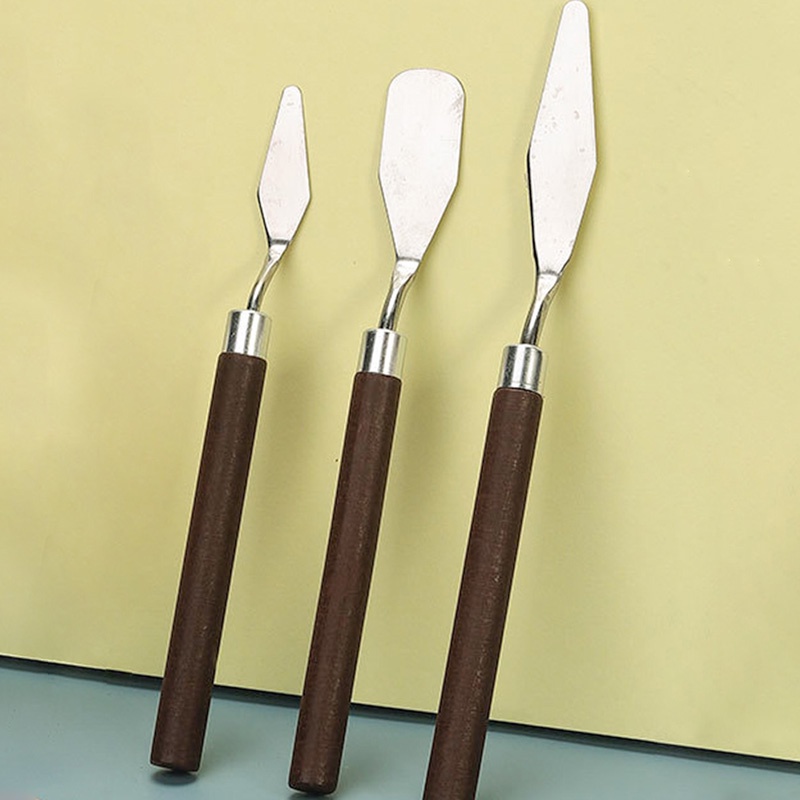 3pcs Pisau Palet Cat Minyak Bahan Stainless Steel Dengan Gagang Kayu