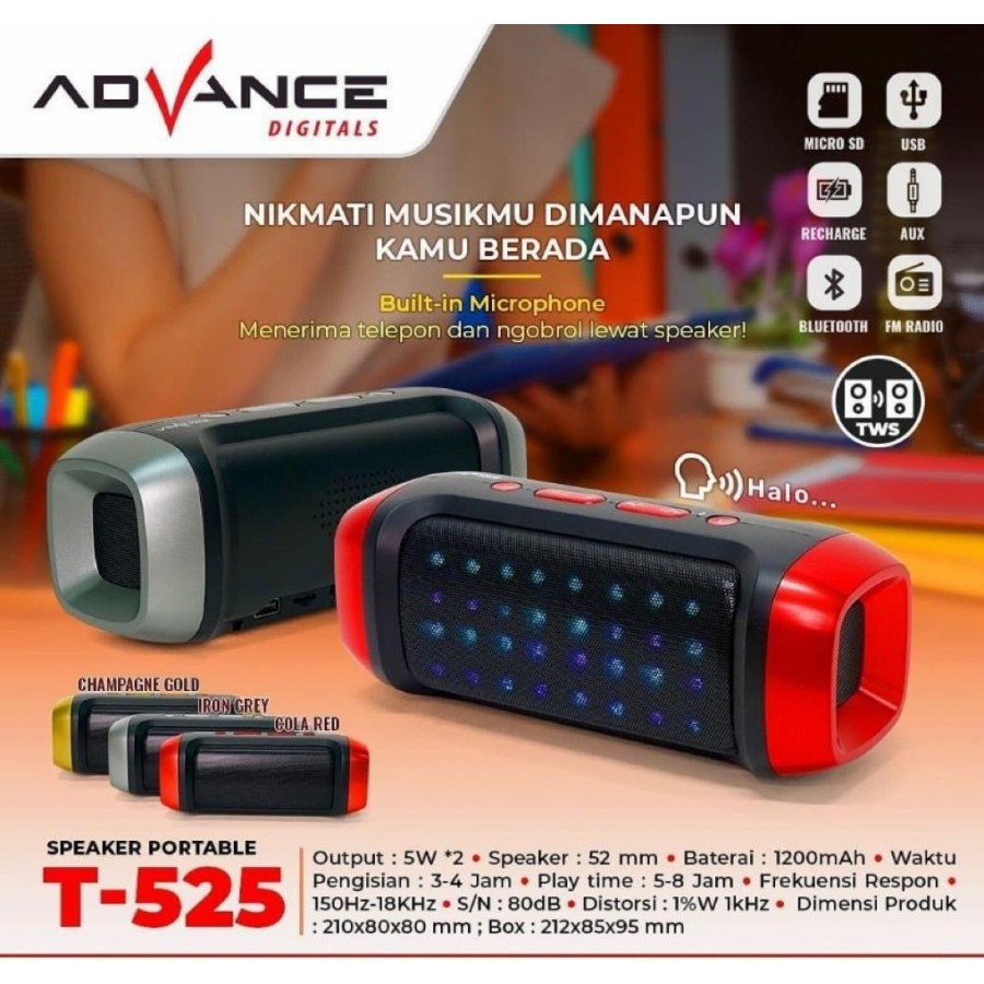 Nikmati musikmu bersama Advance speaker bluetooth T-525 speaker portable mini super bass