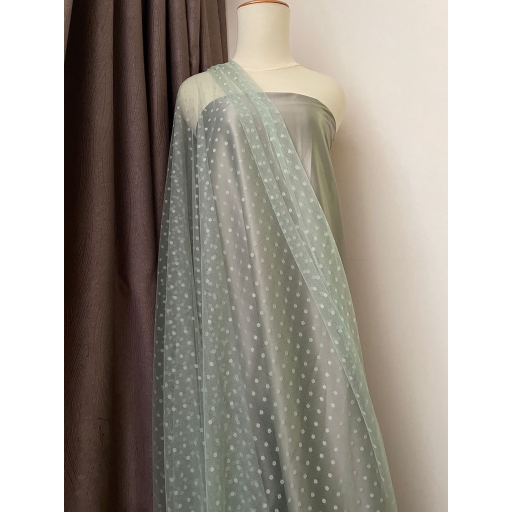 Bahan Kain Soft Tile Tille Tule Tulle Dot Dotty Warna Hijau Sage Green