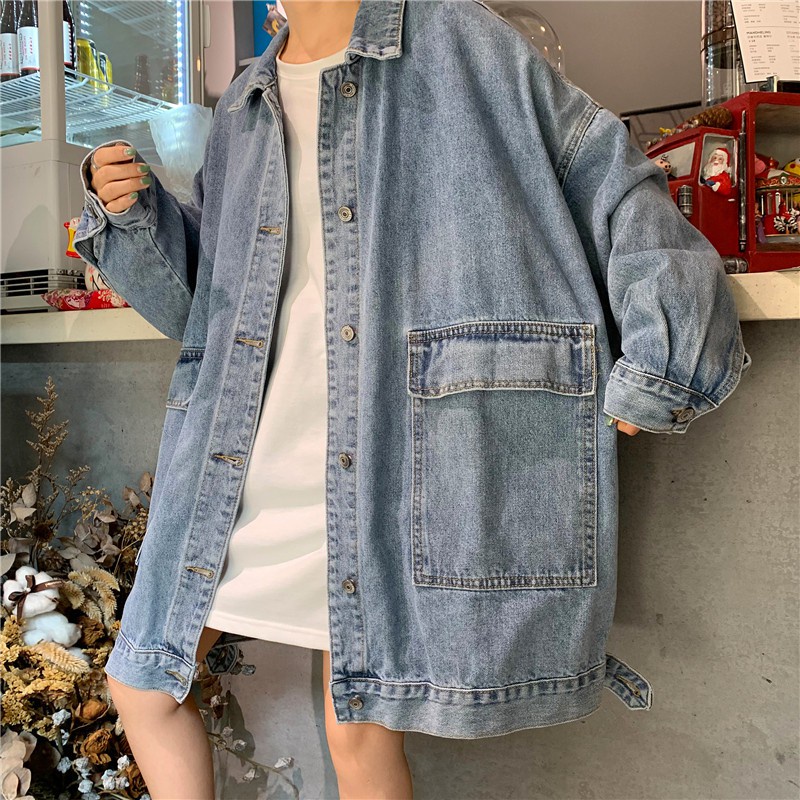 [chaoo.id]Jaket Denim Gaya Korea Jaket Lengan Panjang Retro Warna Solid Jaket denim wanita Korea style