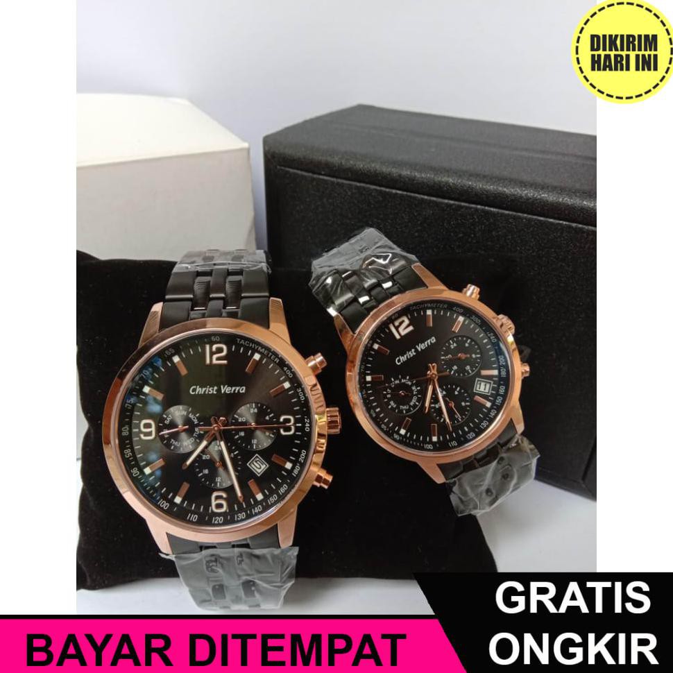 (BAYAR DITEMPAT) OE4511 JAM TANGAN CHRIST VERRA CV 75018L-18 COUPLE ROSEGOLD BLACK ORIGINAL