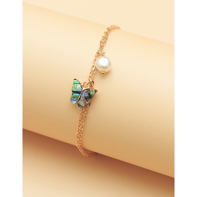 LRC Gelang Kaki Fashion Gold Color Abalone Shell Butterfly Pearl Chain Anklet K26995