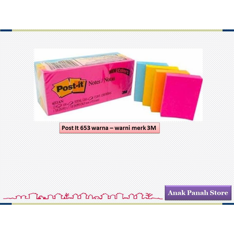 

Post it / Stick Note Warna - warni 653 Merk 3M ( Isi 12 pad )