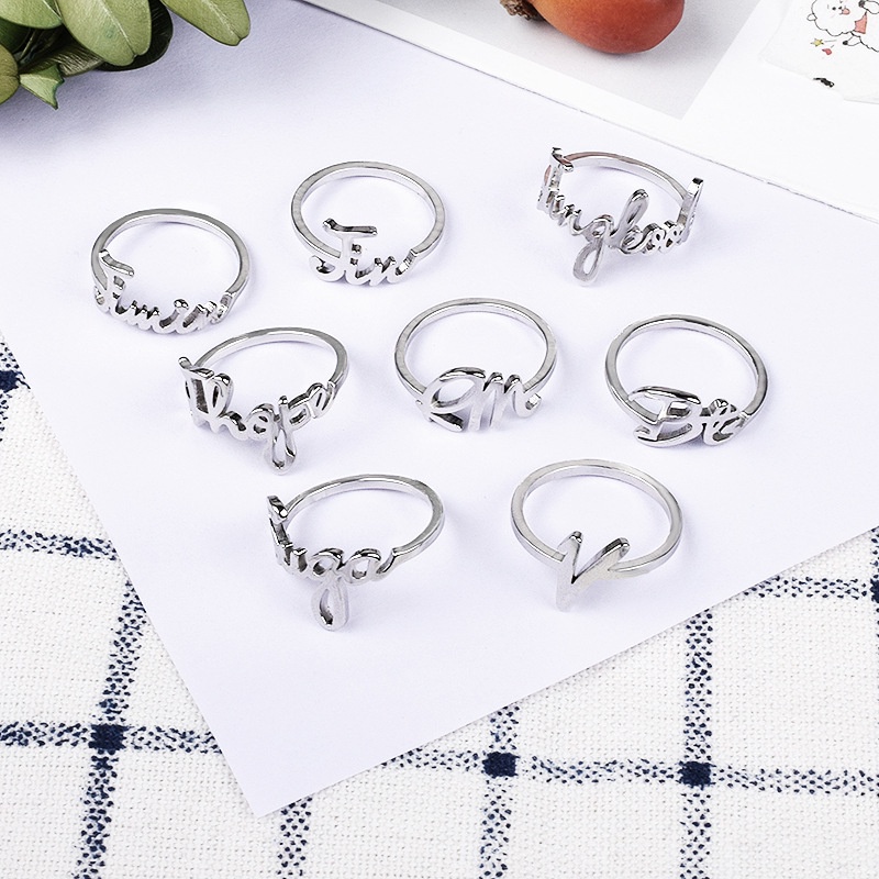 Cincin Desain Alfabet BTS JIN JIMIN JUNG KOOK Bahan Alloy Gaya Hip Hop Untuk Wanita