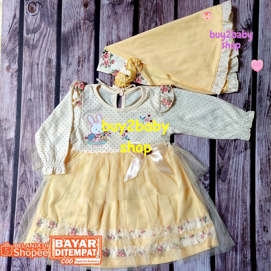 Baju lebaran bayi set gamis panjang dengan jilbab motif flower series Baby Flower