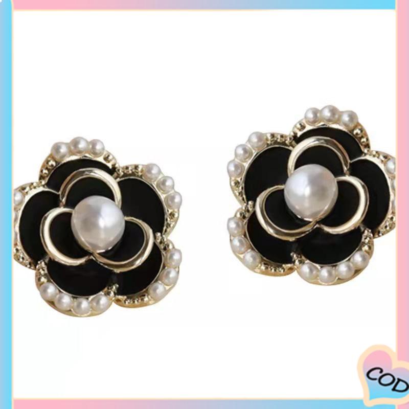 COD❤️ Tren Anting Pejantan Camellia Gaya Hong Kong Anting Pejantan Perak Mutiara-A.one