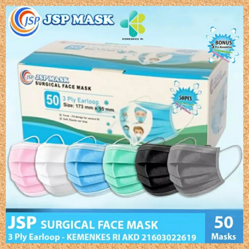 Masker Medis Earloop JSP 3 ply Surgical Face Mask Isi 50 Pcs