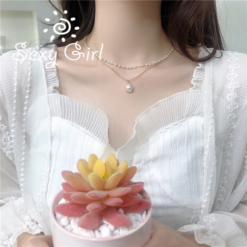 Kalung Choker Rantai Tulang Selangka Hias Mutiara Ganda Gaya Retro Korea Untuk Wanita