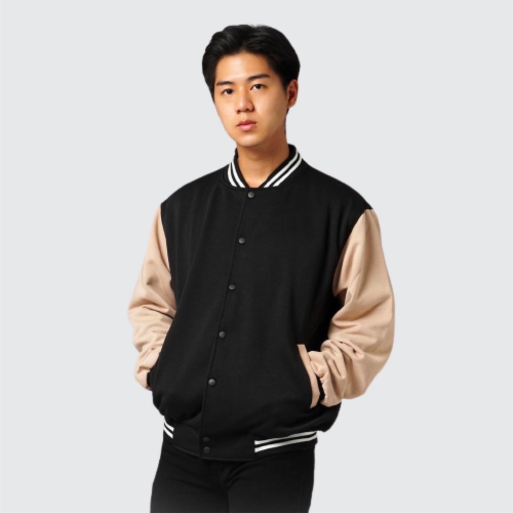 Jacket Pria Bomber Varsity Basic List Cream / Jacket Bomber Varsity / Jaket Pria Original