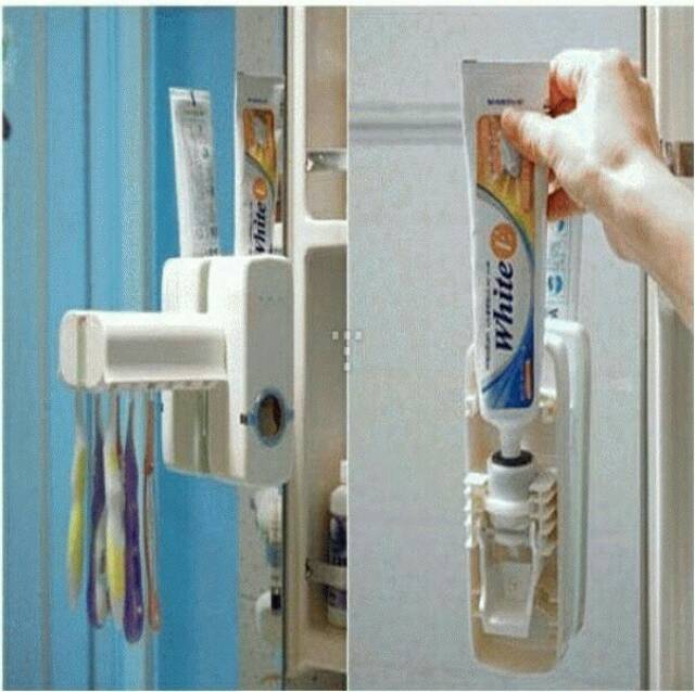 Dispenser odol pasta gigi set ( warna putih kotak sikat gigi) tooth paste brush holder kamar mandi-2
