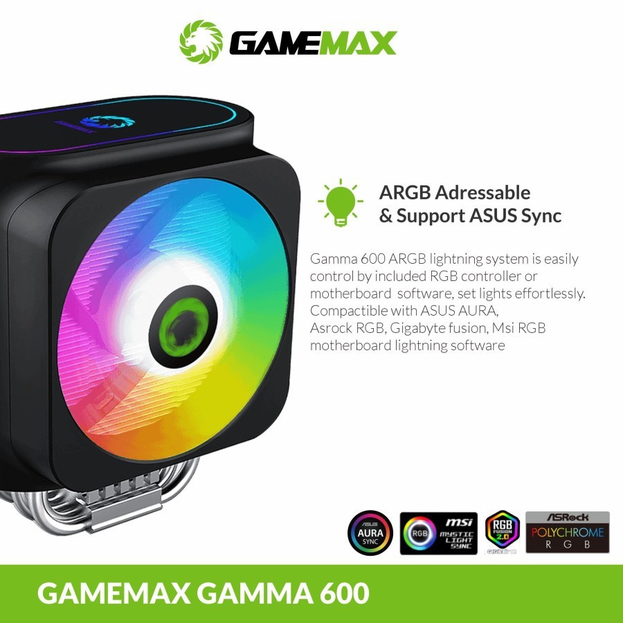 GAMEMAX GAMMA 600 RAINBOW ARGB CPU AIR COOLER 2x120mm DUAL SILENT FAN