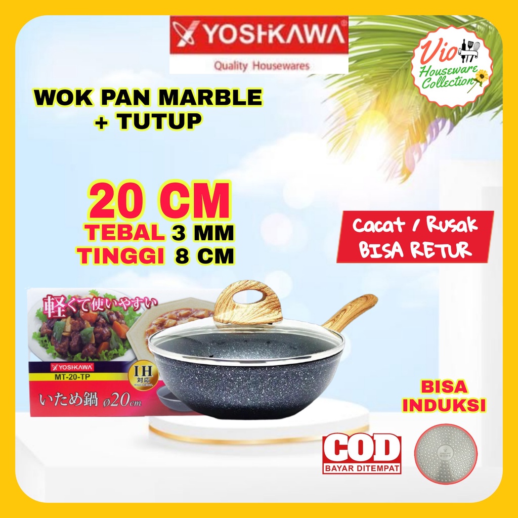 Yoshikawa Teflon Anti Lengket Keramik 20 Cm+ Tutup Kaca / Wok Pan / Wajan Marble / Teplon Panggang