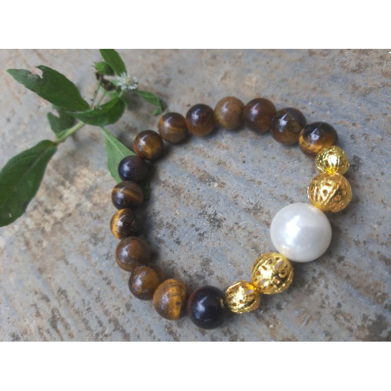 gelang batu akik tiger eye plat kerang