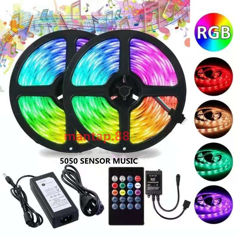 LAMPU LED STRIP 2835 5050 RGB 5M/10M SET WARNA WARNI IP44 AC 220V + ADAPTOR + REMOTE