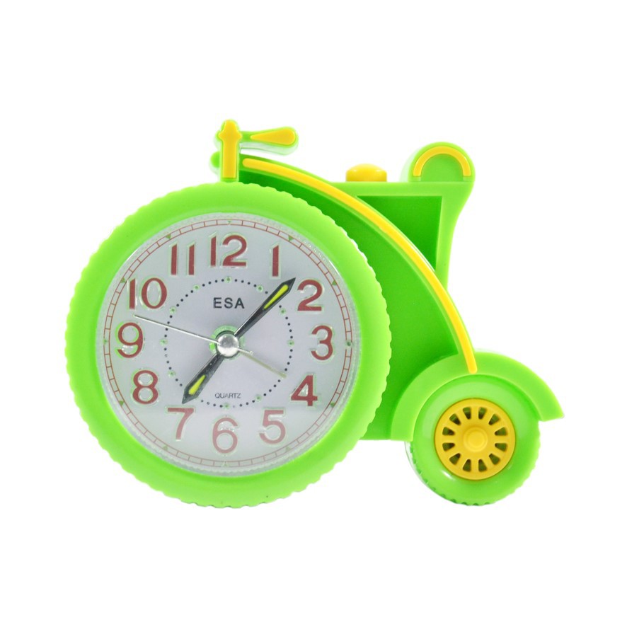 Jam Meja Weker Alarm Clock Bentuk Sepeda Hijau 14 cm Sweep Movement Free Baterai O13