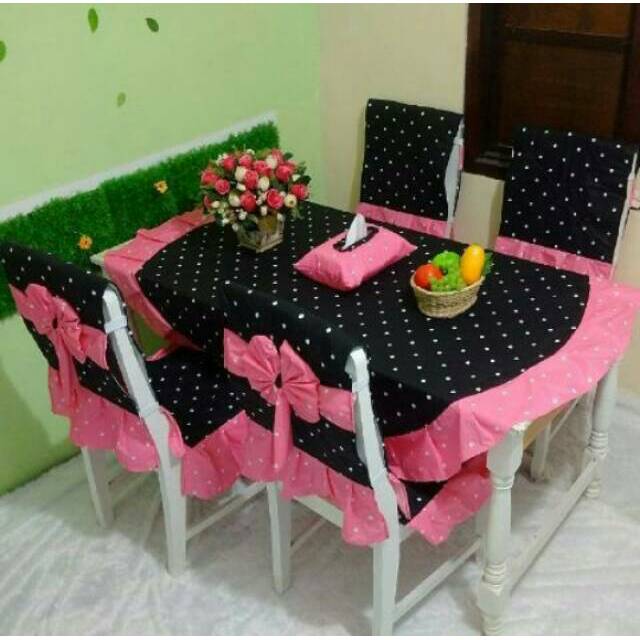 

Coverchair set dot hitam mix dot candy pink