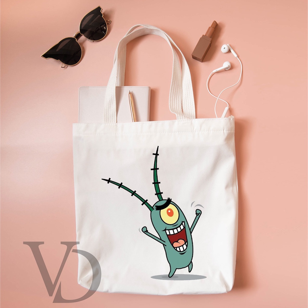 TOTE BAG KANVAS MURAH / TOTE BAG WANITA / TOTE BAG MOTIF SPONGEBOB SQUAREPANTS