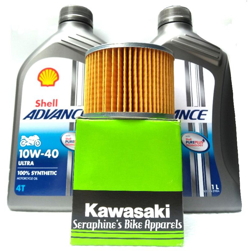 PAKET OLI SHELL ADVANCE ULTRA 10W40 2x1L + FILTER OLI ORIGINAL - KAWASAKI NINJA 250R OLD KARBURATOR