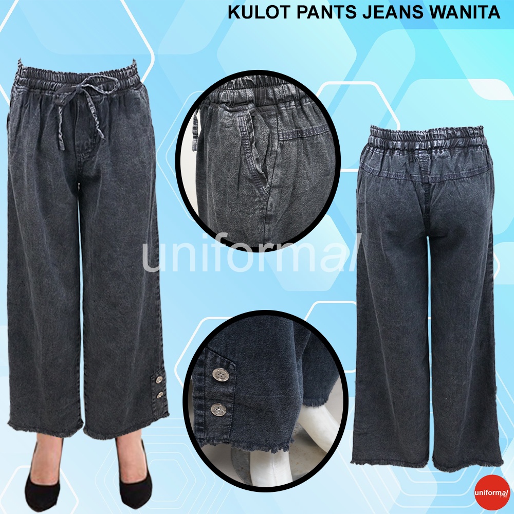 Celana Kulot Jeans Highwaist Wanita, Kulot Jeans RAWIS RUMBAI Sobek Hitam, Kulot Pinggang Full Karet Rawis Jeans Tali Premium