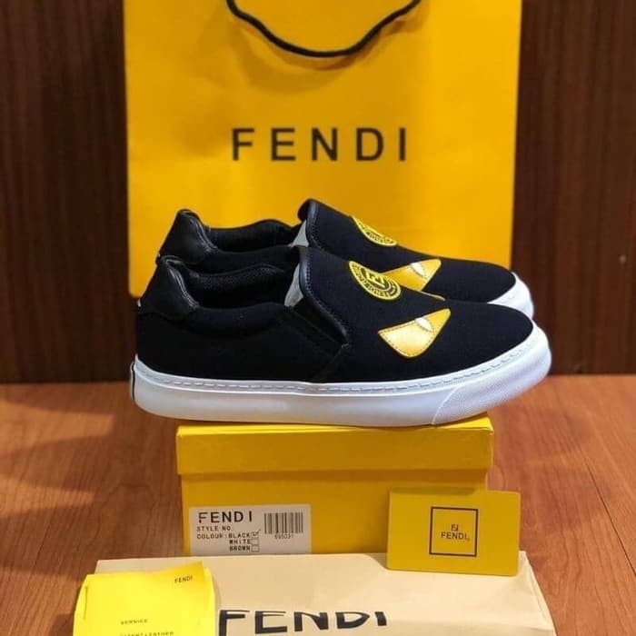 Asli Sepatu Fendi Monster Sneakers Slip On Black Yellow Original Murah Sport Running