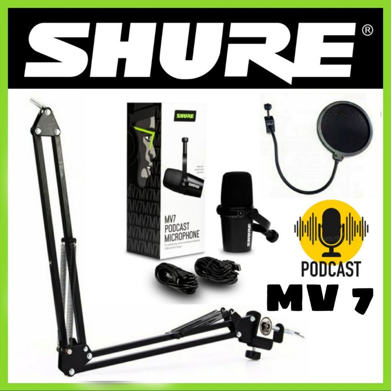 Mic Podcast Shure MV 7 Plus Stand Arm And Pop Filter Original - Paketan Komplit