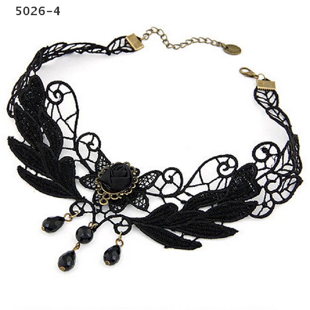 5026-4 Kalung Choker Lolita Bahan Lace Dengan Liontin Bunga Mawar Hitam Untuk Wanita