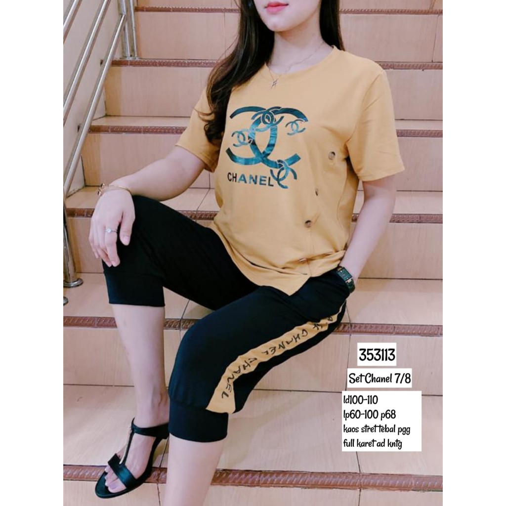 SETELAN WANITA IMPORT KAOS ATASAN CHANEL+CELANA 7/8 SETELAN WANITA IMPORT MURAH 353113