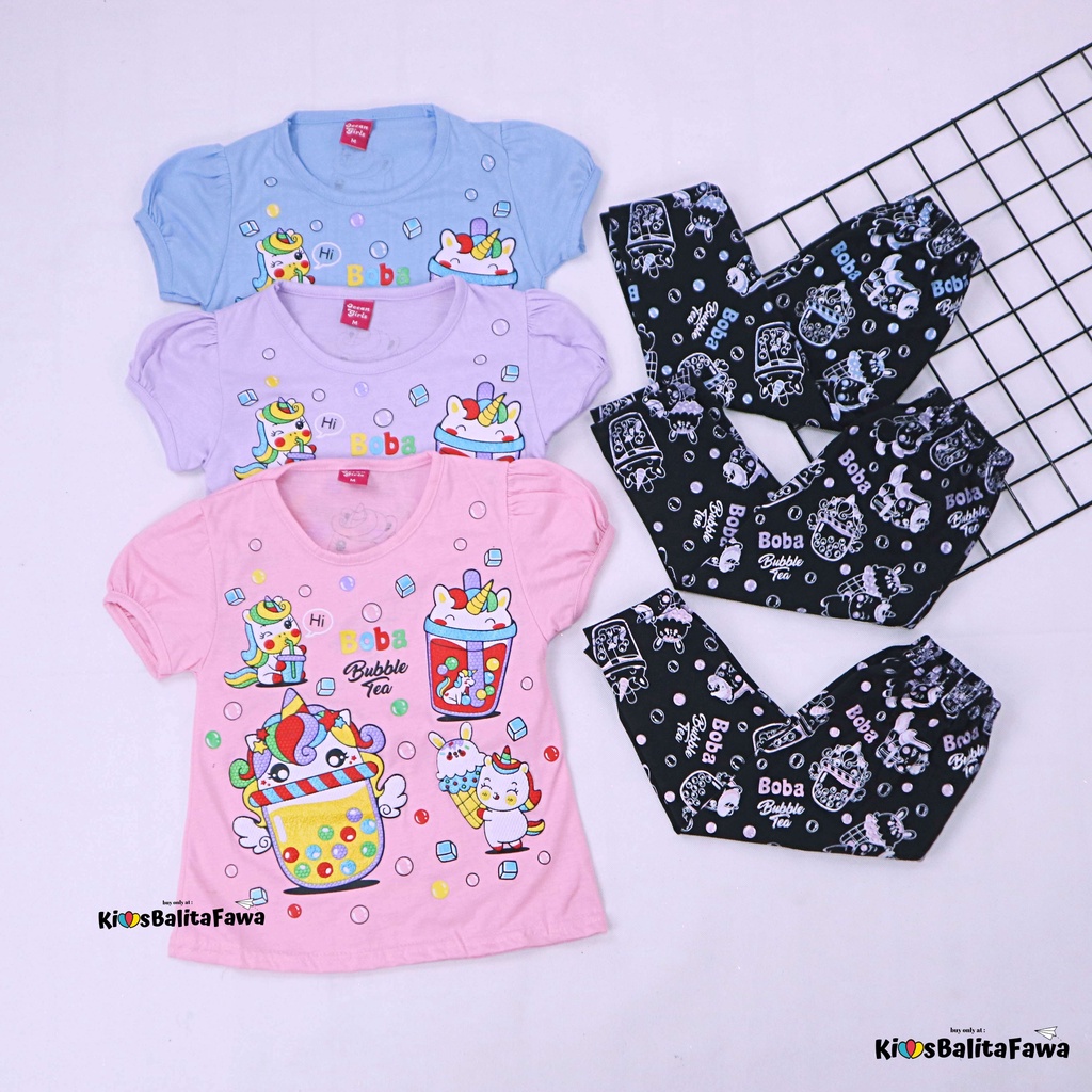 Setelan Boba uk 2-6 Tahun / Baju Karakter Legging Anak Perempuan Celana Panjang Import Babycinnamon