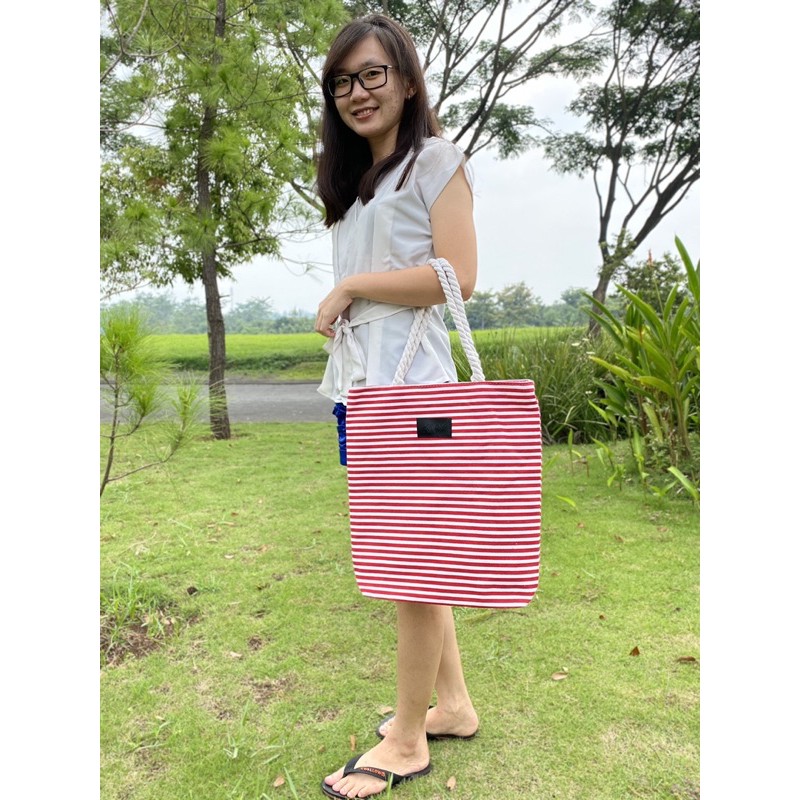 Totebag import salur stripe tas korea jinjing bahu kanvas tote bag