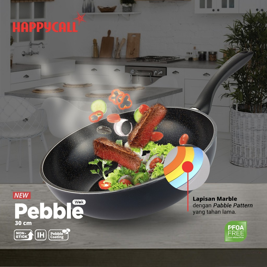 HAPPYCALL PEBBLE WOK PAN IH 30 CM ORIGINAL PRODUCT MADE IN KOREA 100% ANTI LENGKET